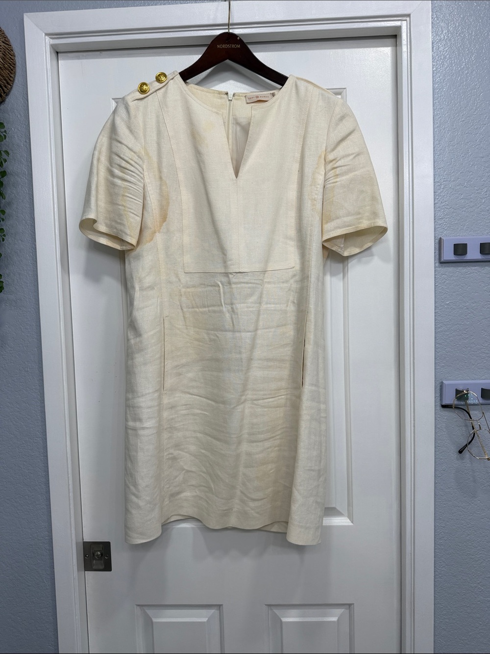 Tory Burch Cream Shift Dress with Gold Shoulder Buttons